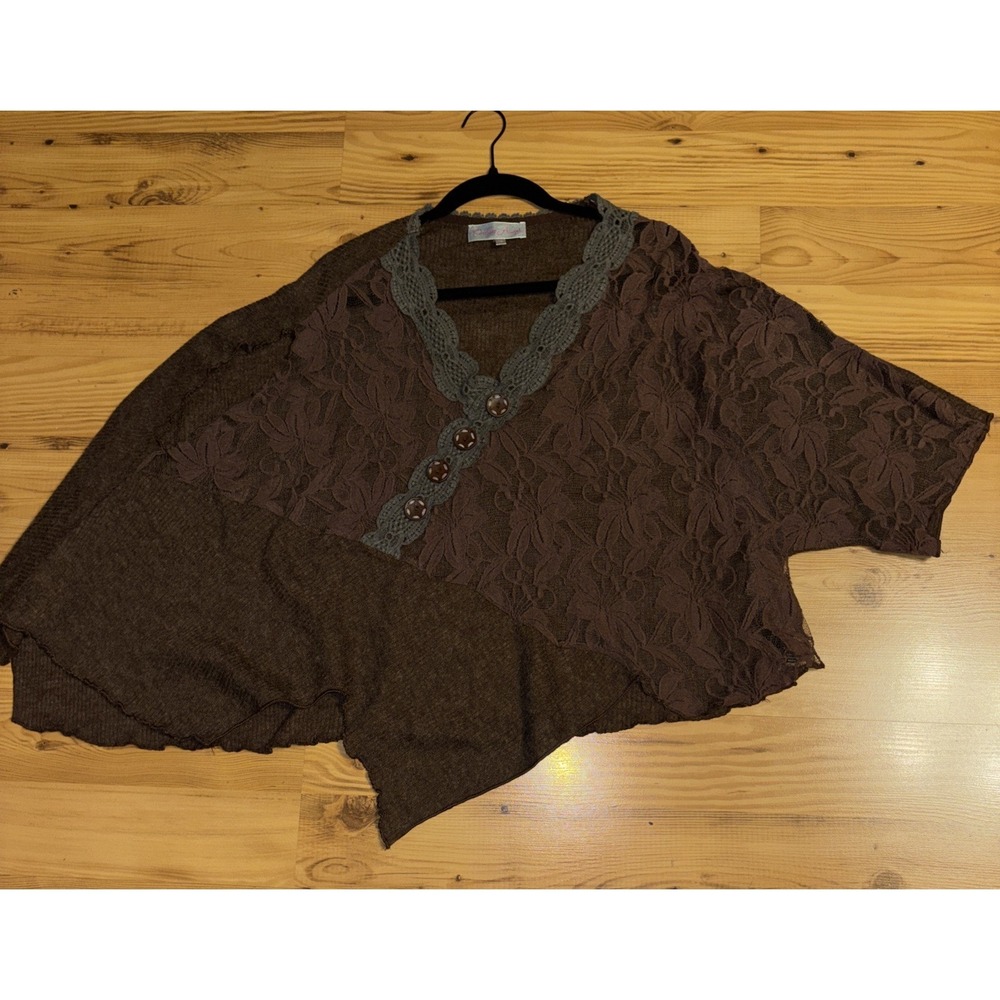 Pretty Angel Oversized S Brown One Sleeve Asymmetric Lace Button Fairycore Top